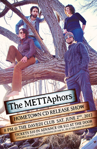 Mettaphors Band music concert poster. Band members in a tree. CD release show.