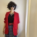 Cherry red slim fit long blazer with ruched 3/4 length sleeves. Sz M