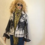 Charcoal and white acid wash denim jean jacket with amazing pattern designs by L.A. Designer. Sz M