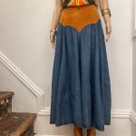 1970's unique rare authentic vintage denim jean suede maxi flare skirt. Sz 11