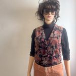1980's Vintage Black Velvet Vest Waistcoat With Autumn Colour Floral Pattern. Has 2 Deep Pockets. Size S, See measurements