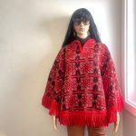 Rare vintage 1960's-1970's red vintage textile art tapestry tasseled poncho. Sz O/S