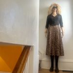 Leopard print pleated maxi circle skirt with front slit. Elastic Waist 26"