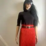 Retro feel geometric striped orange & burgandy stretchy pencil skirt. Sz S