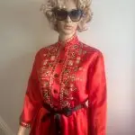 1940's embroidered folk design vintage red belted silk satin blouse. See Measurements. S/M