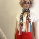 Multi-coloured striped and floral silk scarf.