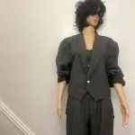 1980's New Wave cropped button up gray moto blazer and pleated high waisted dress pant suit. Sz XL