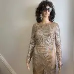 Sparkly, beaded, sequin gold, silver and nude sheer long sleeve mini evening dress. Sz 6