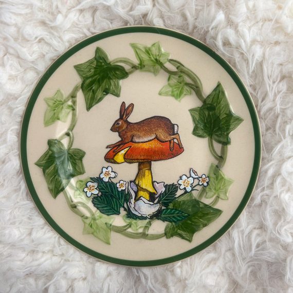 'Hare and Toadstool' - One-of-a-kind Handmade Mixed Media Decorative Antique Plate.