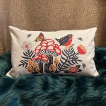 'Bird, Butterfly and Mushroom' Woodland Themed, Scandinavian Folk Art Style, Soft Linen Pillow Cover