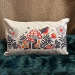 'Mushrooms, Bird & Forest Flowers' Woodland Themed, Scandinavian Folk Art Style, Soft Linen Pillow Cover
