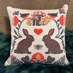 'Rabbit, Bird, Flower, Bee and Mushroom' Forest Themed, Scandinavian Folk Art, Woodland Animal Style, Soft Linen Pillow Cover