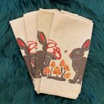 'Rabbit & Mushroom' Themed, Scandinavian Folk Art, Woodland Animal Style, Rustic Dining Reusable Cloth Napkins ( Set of 6) in Honey Colour
